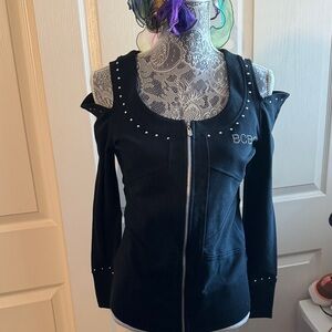 BCBG Black Studded Shoulder Zip-Up Jacket
